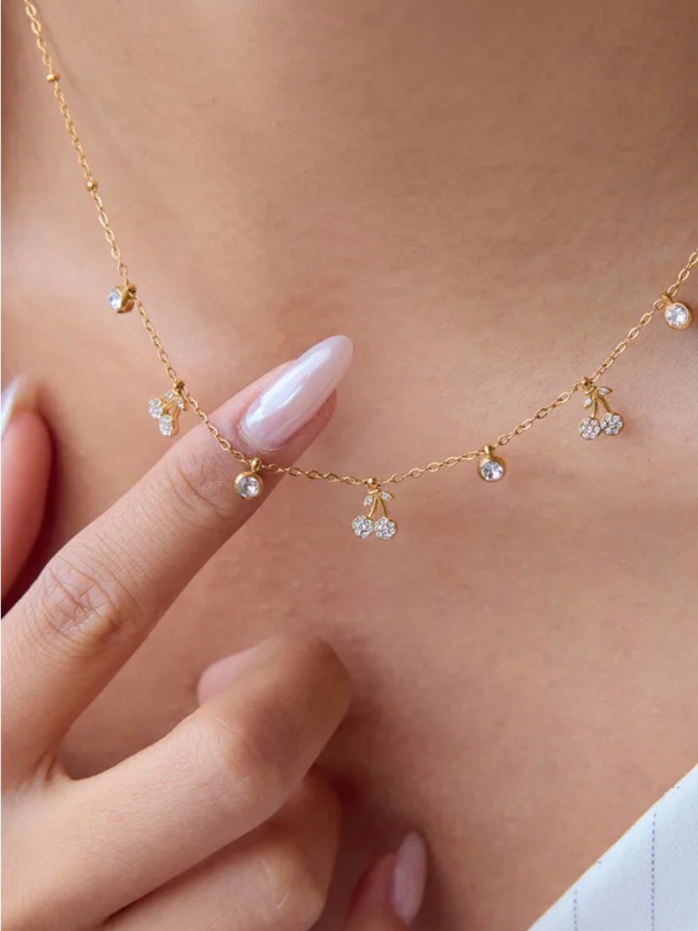 18k Gold Plated Stainless Steel Cherry Dangle Necklace with Tiny Zircons